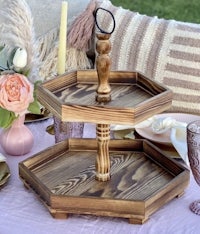 an octagonal wooden serving tray on a table