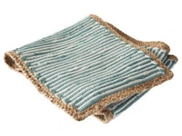 a blue and white striped towel on a white surface