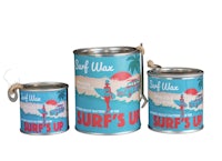 three tins with the words surf's up on them